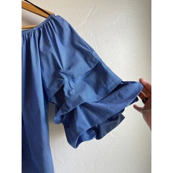 ZARA Woman Size Small Cobalt White Pinstripe Off the Shoulder Cropped Top - Picture 8 of 10